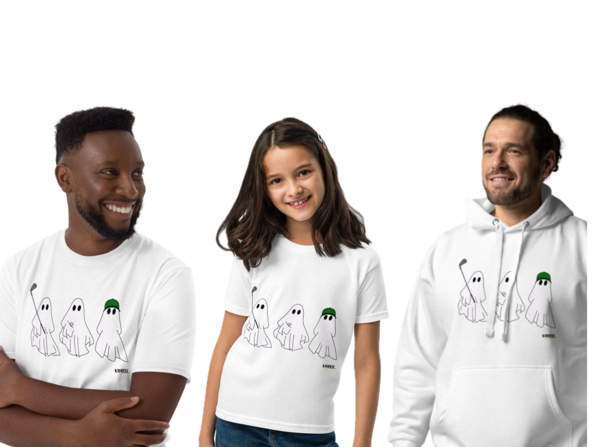 Halloween Bundle VIT – Hoodie, T-shirt & Barn-T-shirt med Spök-Trio-motiv